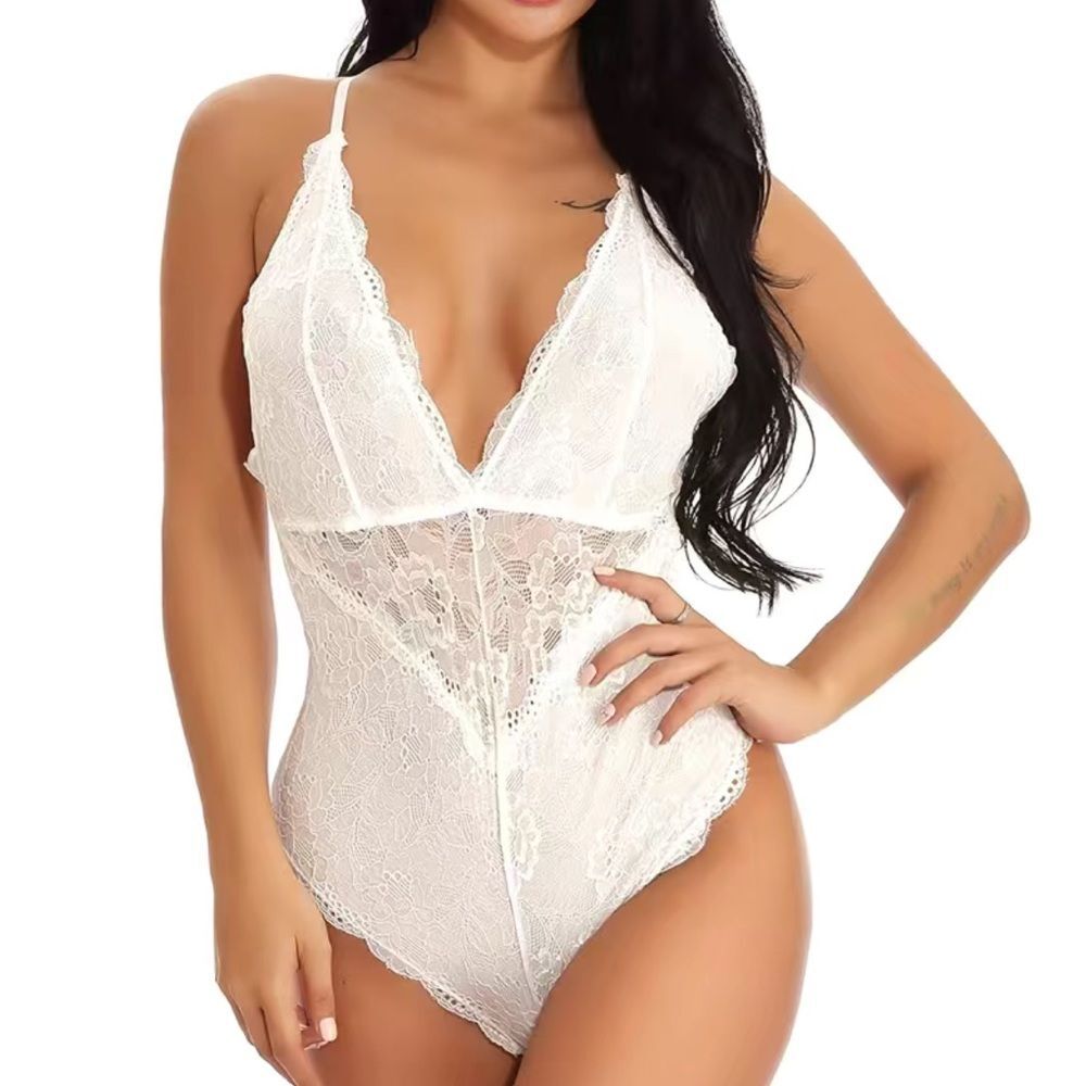 Sexy Lingerie Jumpsuit with Criss Cross Straps Semi Sheer White Lace Seduce, M